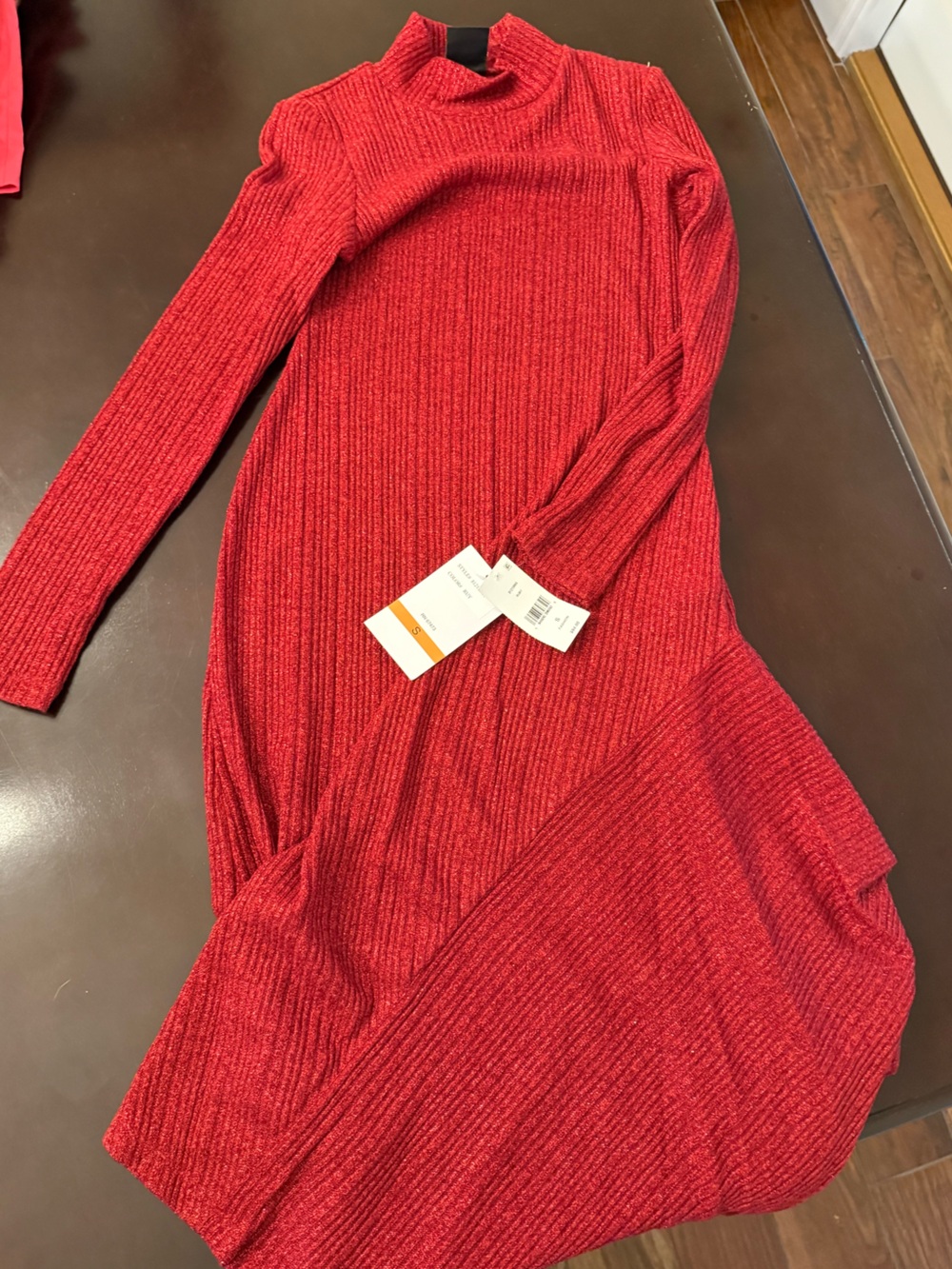 Mock Neck Ribbed Long-Sleeve Maxi Dress - Red